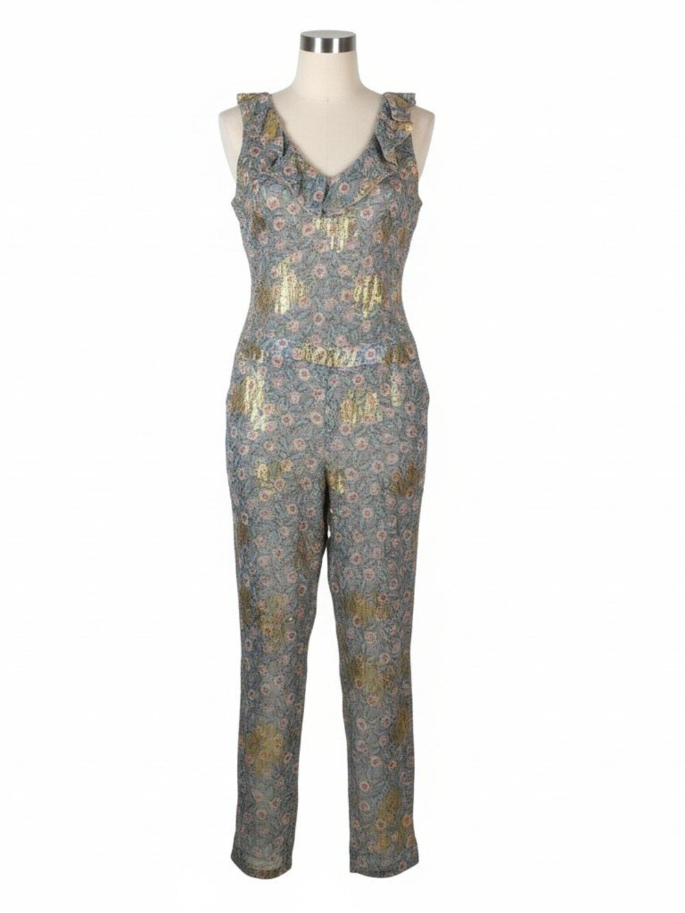 The Kooples Silk Blend Jumpsuit Size 1 Small Metallic Floral Ruffle V Neck Party